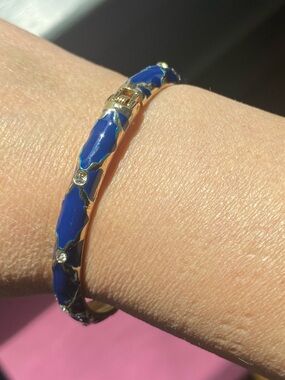 Blue Enamel Gold-Tone Bangle Bracelet with Crystal Accents
